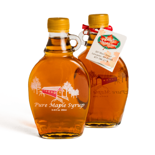 Pure NH Maple Syrup in a Glass Bottle featuring a covered bridge