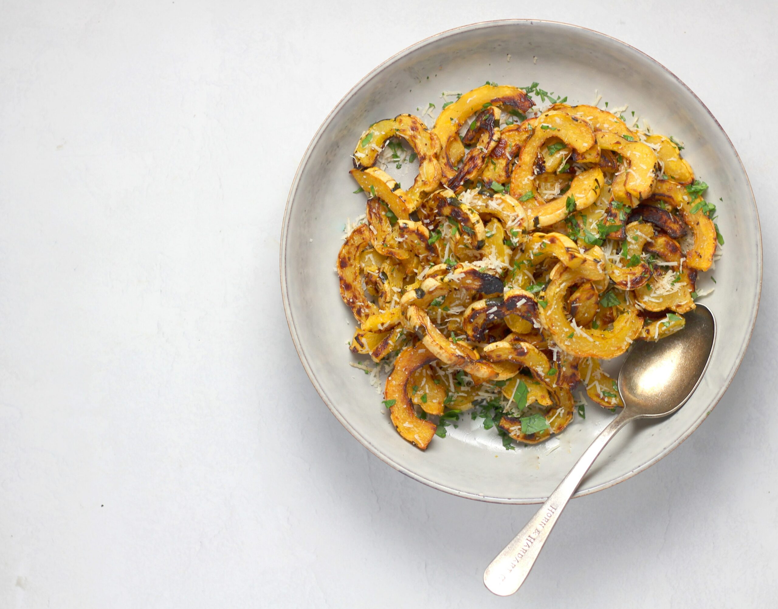 Maple Walnut Parmesan Delicata Squash Slices